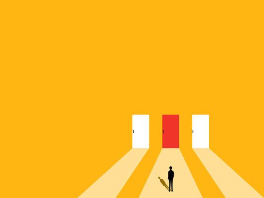 Courage, opportunity. Businessman stands at the door