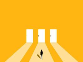 Courage. Businessman stands at the door to choose a path vector