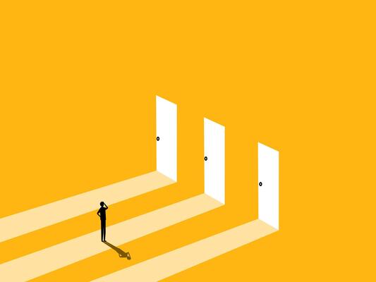 Courage, opportunity. Businessman stands at the door