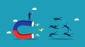 businessman standing on top of a magnet and jumping into the air vector