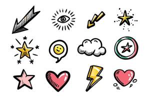 A set of different icons including a heart, star, and lightning vector