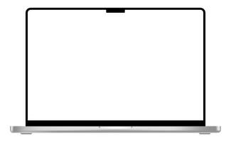 Modern laptop mockup template with blank display and black frame. Notebook device with notch and silver touchpad. Product advertisement and showcase object illustration vector