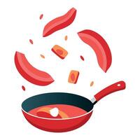 Fresh meat and bacon pieces flying above a red non-stick frying pan. The image concept is cooking ex vector
