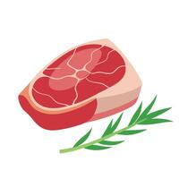 A pristine slice of raw meat adjacent to a fragrant sprig of rosemary on a pristine white marble cou vector