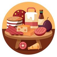 A variety of meats and cheeses are displayed on a wooden table. The meats include salami. pepperoni. vector