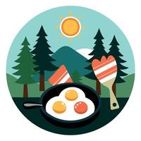 Camping breakfast with bacon and eggs in a cast iron skillet. Fried eggs with bacon in a pan in the vector