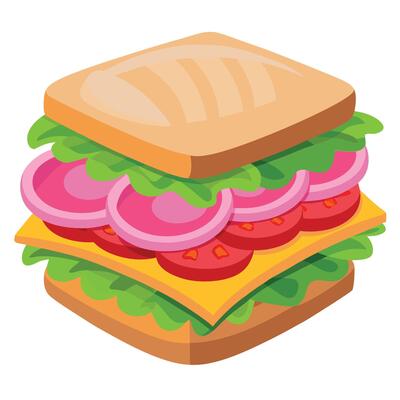 Close-up of a ham and veggie sandwich with fresh lettuce. juicy tomatoes. and red onions. served on