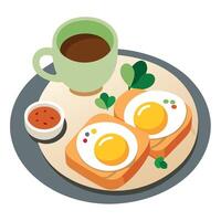 A plate of three egg benedicts with a side of toast and a cup of coffee vector