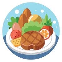 A meal served on a plate featuring an assortment of cooked meat. various vegetables. and a side of p vector