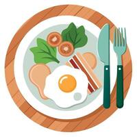 Delicious breakfast plate with bacon. eggs. and spinach served on a rustic wooden table with knife a vector