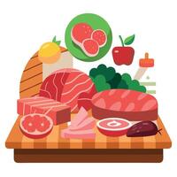 Assorted Selection of Various Types of Fresh and Raw Meat Displayed on a Wooden Table vector