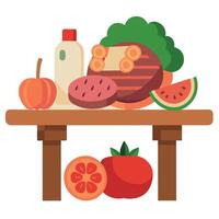 A variety of meats and vegetables are displayed on a wooden table. The meats include ham. salami. an vector