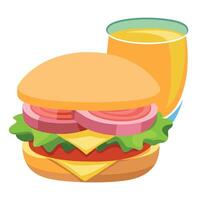 Close-up of a breakfast sandwich with ham. lettuce. and tomatoes on whole grain bread. served with a vector