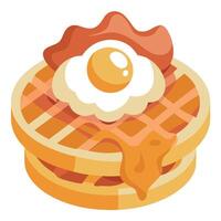 A waffle topped with crispy bacon. a poached egg. and another fried egg on top of a stack of fluffy vector