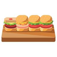 Four sandwiches with different fillings are displayed on a wooden table. The sandwiches are arranged vector
