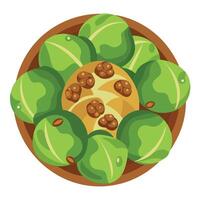 Brussels sprouts with charred edges. glazed with maple syrup. bacon bits. and pecans. vector