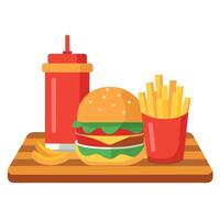 A hamburger and fries are on a wooden table with a red ketchup bowl. Scene is casual and relaxed. as vector