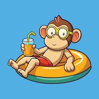 Adorable Monkey Relaxing on a Floating Tire with a Refreshing Beverage vector