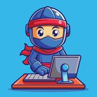 Adorable Ninja Diligently Working on Cartoon Computer vector