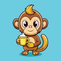 Adorable Monkey Relishing a Banana while Sipping Coffee in a Cartoon Rendering vector