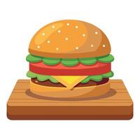 Cheeseburger with Toppings on Wooden Surface in Restaurant Setting vector