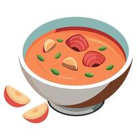 Close up bowl of tomato clam chowder with clams and bacon on table vector