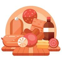 Assortment of processed cold meat products. On a wooden background. vector