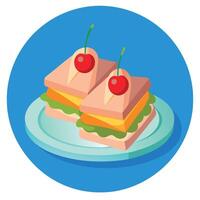Cherry ham sandwiches on plate with blue background and space for text vector