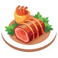 Delicious bacon wrapped filet mignon served with roasted vegetables vector