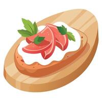 Bruschetta with prosciutto and cream cheese on wooden table.Macro. vector