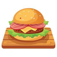 Delicious burger with lettuce. bacon. tomato. and cheese resting on cutting board vector