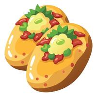 Baked stuffed potatoes with bacon. green onion and cheese. top view vector