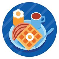 Three waffles on a blue and white plate with a cup of coffee and a photo of bacon vector