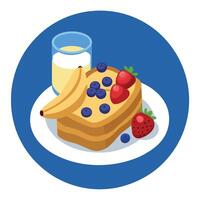 French toast topped with banana mixed berries maple syrup and milk vector
