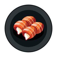 Bacon wrapped scallops on a plate isolated on black background vector