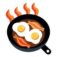 Cast Iron Pan With Sunny Side Up Eggs and Bacon Over Open Fire vector