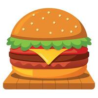 A large burger with ketchup and cheese on a wooden table vector