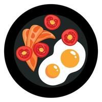 Fried Eggs With Crispy Bacon and Tomatoes on a Black Plate vector