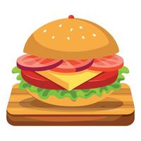 A large hamburger with bacon and tomatoes on a wooden board vector