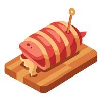 Grilled pork wrapped in bacon with garnish on wooden board vector