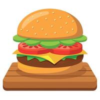 A burger with cheese and tomatoes on top of a wooden table vector