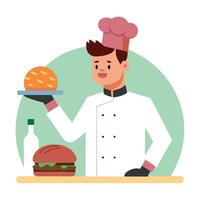 Chef in gloves preparing beef burger with bacon and lettuce vector