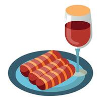 Grilled bacon wrapped little sausages served with red wine vector