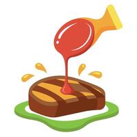 A steak being drizzled with sauce on a white background. vector