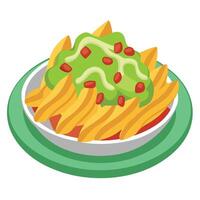 A plate of loaded cheese fries topped with bacon and guacamole vector