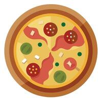 Chinese pizza with meat. bacon and olives. top view vector