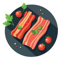 Fresh bacon strips on slate with herbs and tomatoes vector