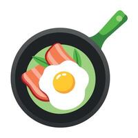 Fried Egg with Bacon and Green Onions in Cast Iron Pan vector