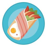 Egg and bacon breakfast wrap on a ceramic plate vector