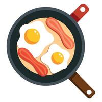 Fried eggs with bacon in frying pan with oil. top view vector
